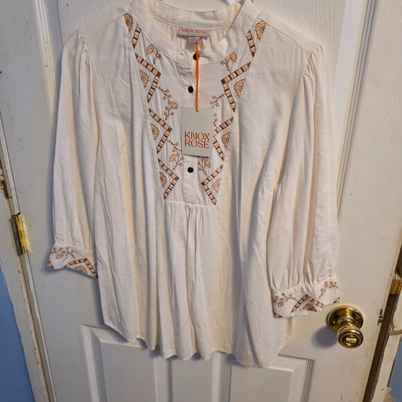 Knox Rose Tops - WOMENS BISHOP 3/4 SLEEVE EMBROIDERED BLOUSE- KNOX ROSE CREAM XL